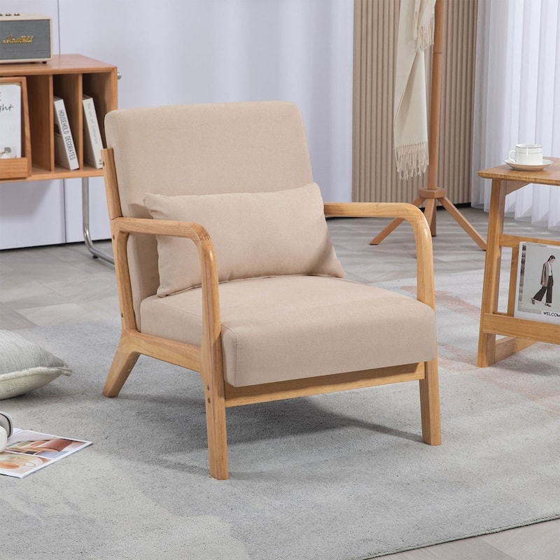Beige Linen Armchair with Wood Legs - 23.20" x 29.50" - Beige - 23.20" x 29.50"