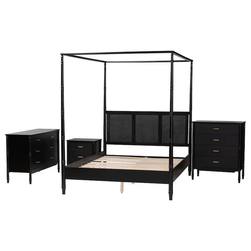 Marisela 4-Piece Black Bedroom Set - Canopy Bed with Synthetic Rattan Headboard, Matching Dresser, Chest, and Nightstand