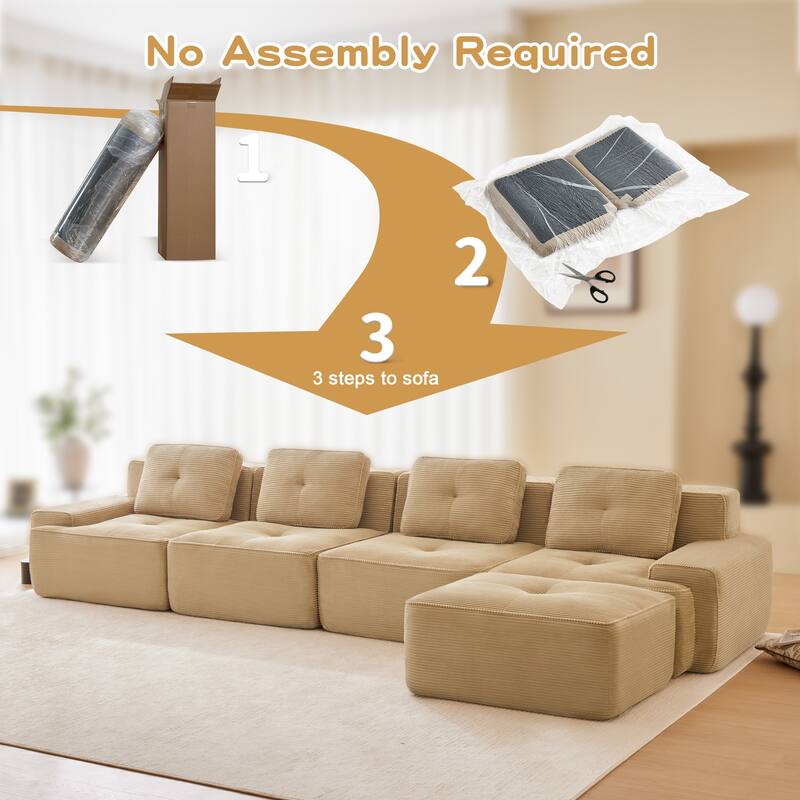 L-Shaped Sectional Couch with Ottoman, Oversized Modular Corduroy Sofa