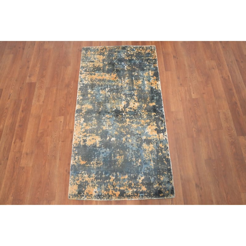Hand Knotted Oriental Viscose Silk Carpet Modern All-Over Greys & Charcoal Abstract Area Rug - 4' 0'' X 2' 0''