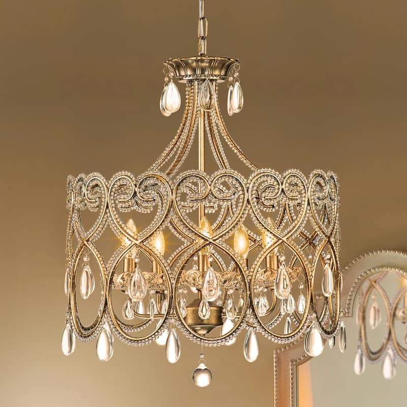 5-Light Mid-Century Modern Luxury Antique Distressed Drum Crystal Chandelier with Candle Accents