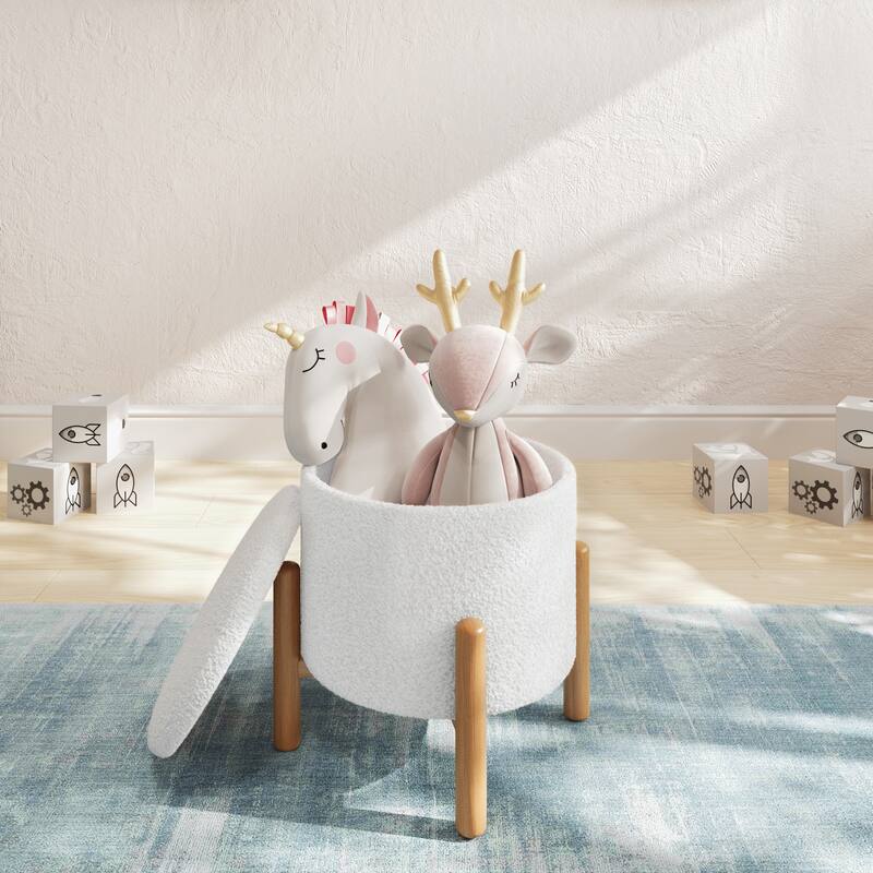 Storage Ottoman - Round Sherpa Footrest or Storage Organizer with Removable Top by Lavish Home (White)