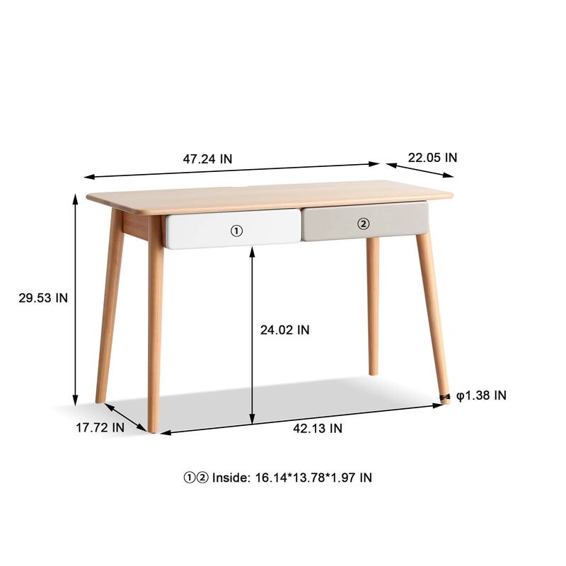 Modern Solid Beech Wood Writing Desk with 2 Drawers and Rounded Corners for Small Home Office Spaces