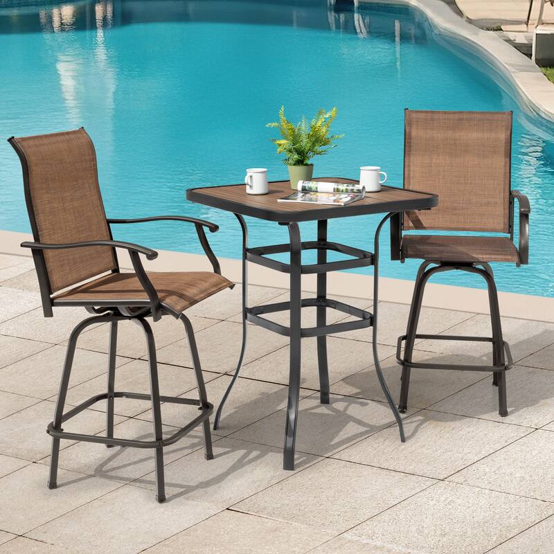 Patio Textilene Bar Set of 3, Height Back Bar Chairs and Faux Wood Tabletop