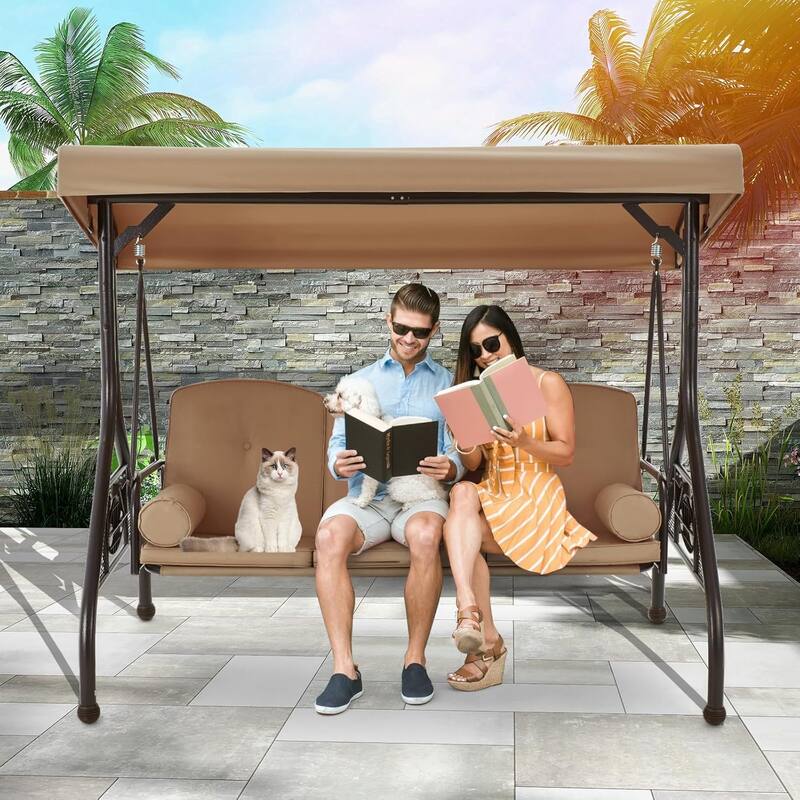 Outdoor 3-Seat Porch Swing with Adjustable Canopy & Cup Holder,Porch Swing Glider Chair, Heavy-Duty Steel Frame