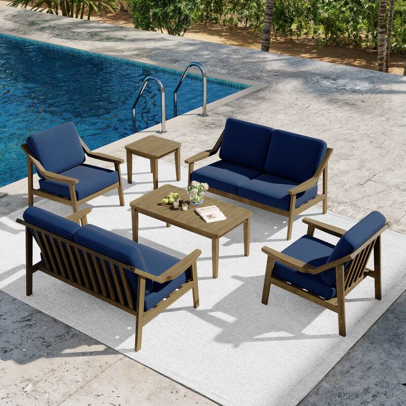 6-piece Adirondack Teak Patio Armchairs Loveseat Seating Conversation Set - NaturalFrame-Navy