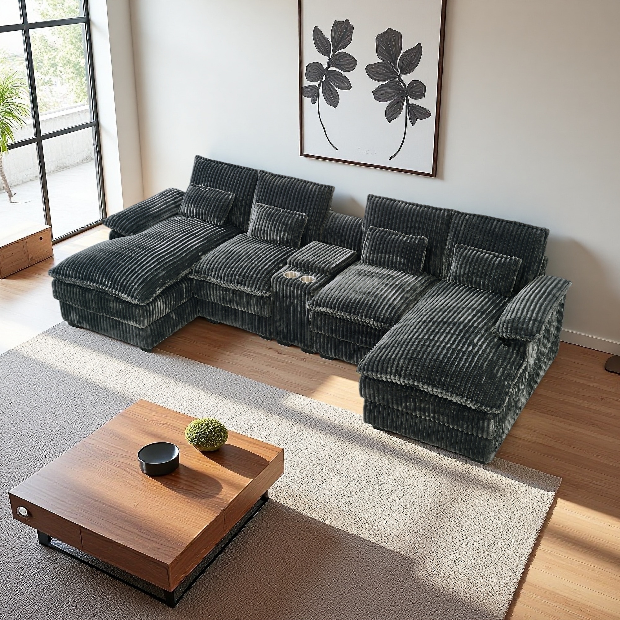 120" Corduroy U-Shaped Sectional Sofa with Center Console Coffee Table and USB Ports (5-Seater)