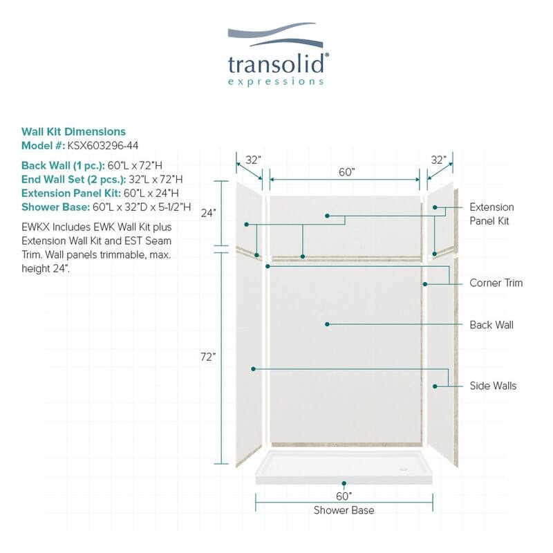 Transolid Expressions 60-in X 32-in X 96-in Glue to Wall Shower Kit - 32" x 60" x 96" - 32" x 60" x 96"