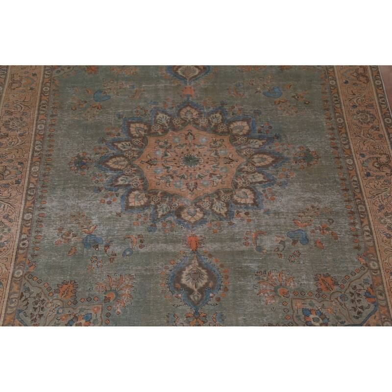 Green Tabriz Persian Vintage Area Rug Hand-Knotted Wool Carpet - 9'6"x 12'7"