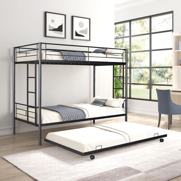 slide 2 of 18, Black Twin over Twin Metal Bunk Bed with Trundle & Guardrail Black