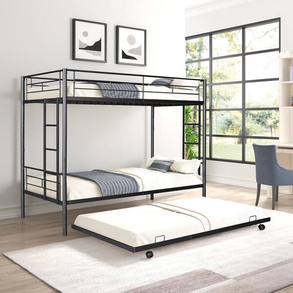 slide 2 of 18, Twin over Twin Size Metal Bunk Bed with Trundle, Can Be Separated into 2 Twin Beds, Safety Guardrail, Trundle for Flexible Space Black