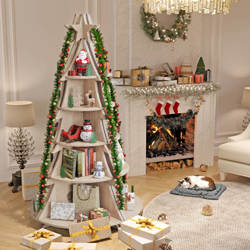 Bookshelf 5-Tier Corner Bookshelf, Solid Wood Bookcase - 71.1"