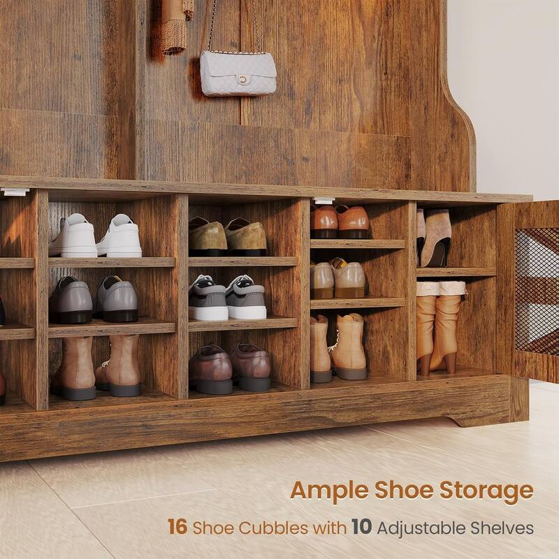 Hall Tree w/ Bench Shoe Storage Shoe Cubby Barn Door Adjustable Shelf