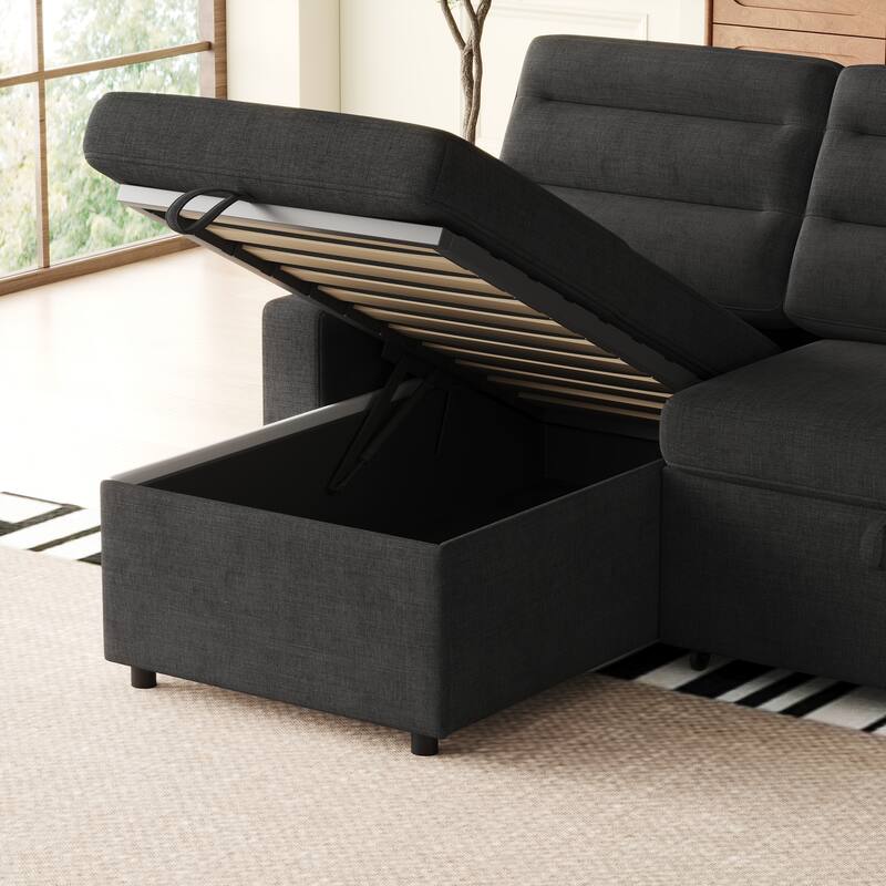 83.5" Convertible Sleeper Sofa - Polyester Sectional Sofa Bed with Pullout Bed and Cup Holder