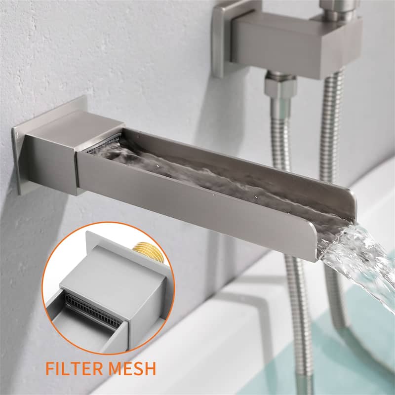 Waterfall Tub Faucet Wall Mounted Single Handle Tub Fillers with Handheld Shower Bathtub Faucet with Rough-in Valve