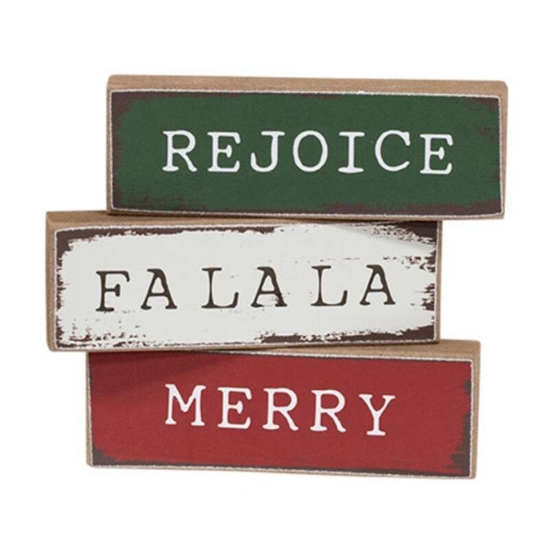 Vintage Holiday Mini Wooden Blocks Set Merry Words Theme- 3 Asstd. - 3" x 0.50" x 1" - White-Green-Red
