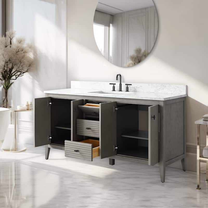 Vanity Art 60" Single Sink Bathroom Vanity Cabinet with Engineered Marble Countertop