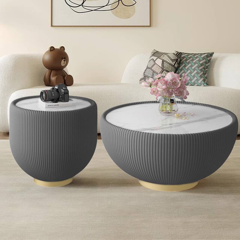 Modern Round Marble Pattern Tabletop Leather Edge Sofa End Table