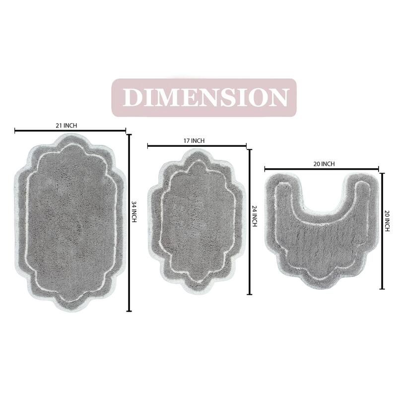 Allure Collection 100% Cotton Non-Slip Bathroom Rug Set, 3 Piece Machine Washable- Bathroom Rug, Bath Rug, U Shaped Contour