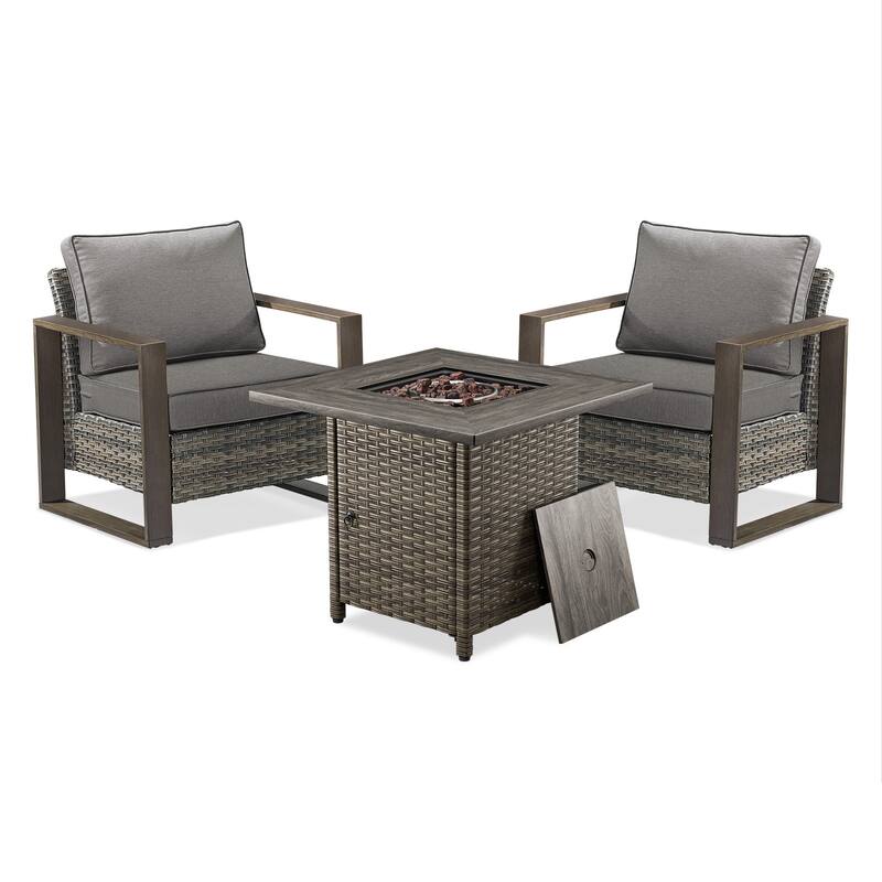 Meyreso 3-Piece Wicker Patio Conversation Set with Fire Pit & Plush 4.5" Olefin Cushions
