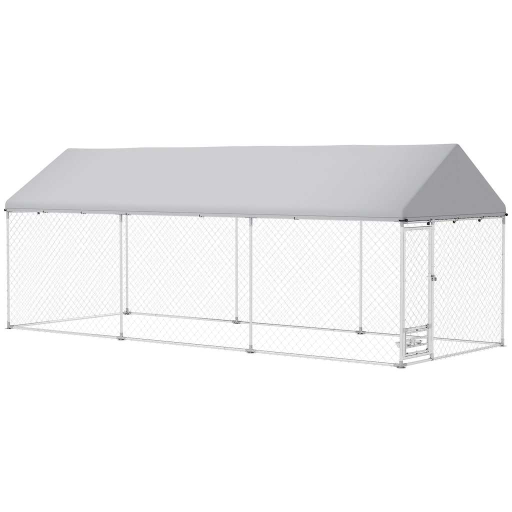 PawHut Outdoor Dog Kennel, Heavy Duty Dog Run with Adjustable & Rotatable Bowl Rack, Waterproof UV-Resistant Cover