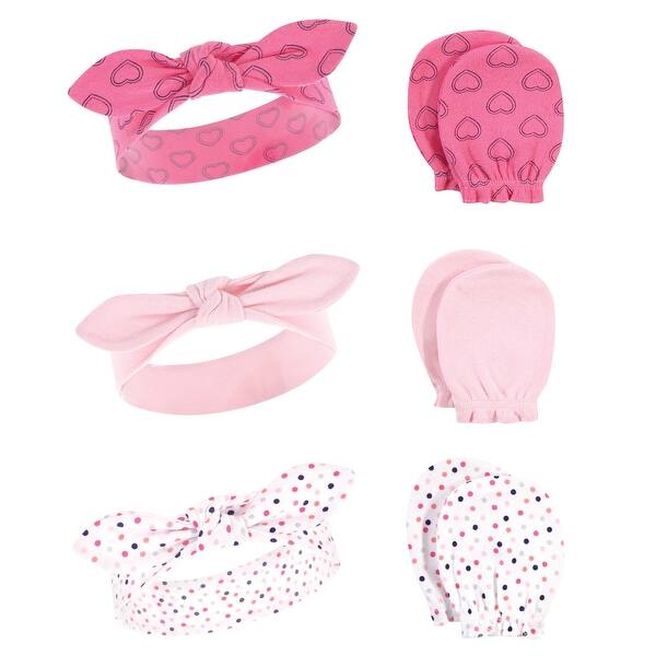 slide 1 of 1, Hudson Baby Infant Girl Cotton Headband and Scratch Mitten 6pc Set, Navy Hearts, 0-6 Months - Navy Hearts Navy Hearts - 0-6 Months