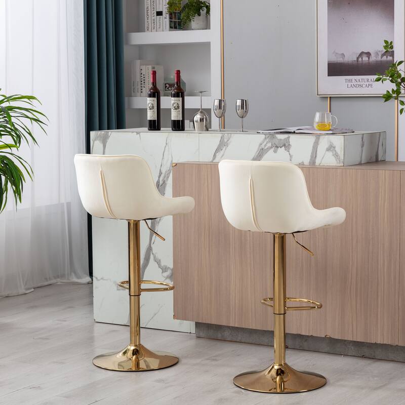 2 Velvet Bar Stools with Chrome Footrest and Base Swivel Height Adjustable - N/A