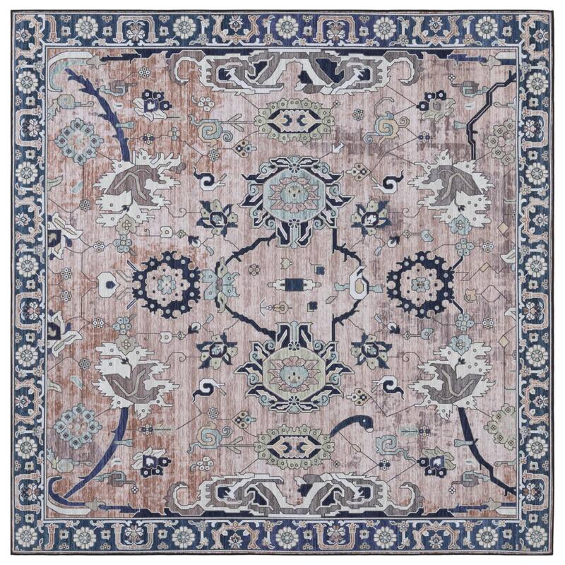 SAFAVIEH Tucson Easter Transitional Machine Washable Rug - 6' Square - Light Blue/Navy