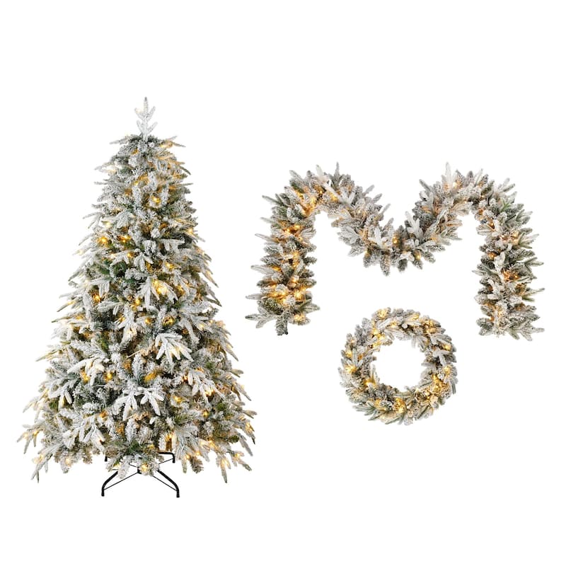 Snow Flocked Christmas Decor 3-Pack - Wreath + Garland + Tree, Warm LED Lights - Green,White
