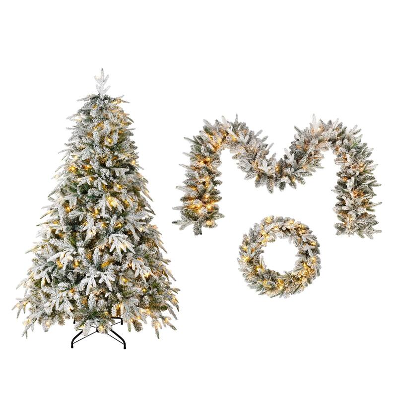 Xmas Snow Garland and Snow Xmas Tree, 3 Pac Snowy Flocked Christmas Decor with LED Lights,9ft Flocked Garland,6ft Flocked Tree