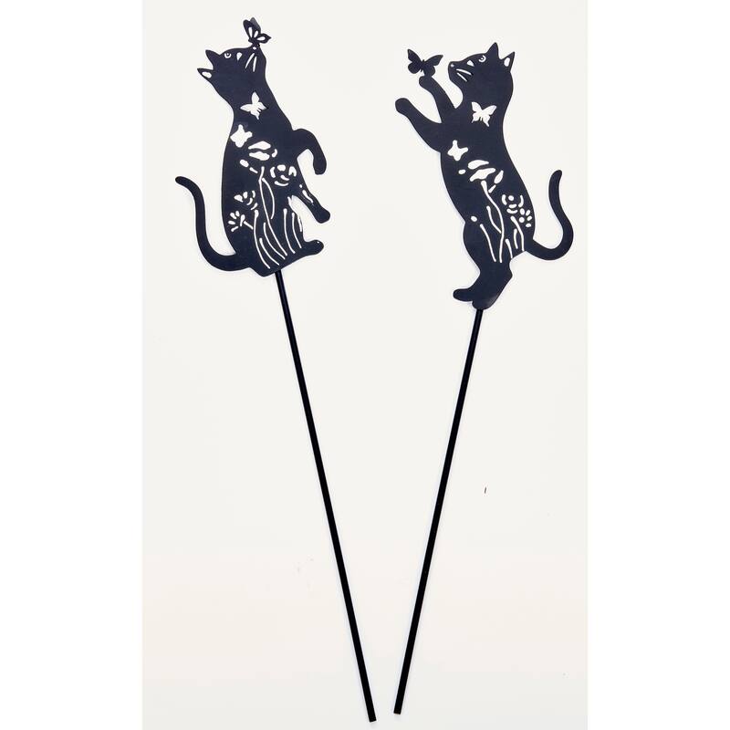 6" Iron Cat With Butterfly on 11" Stake For Pots, Set of 3
