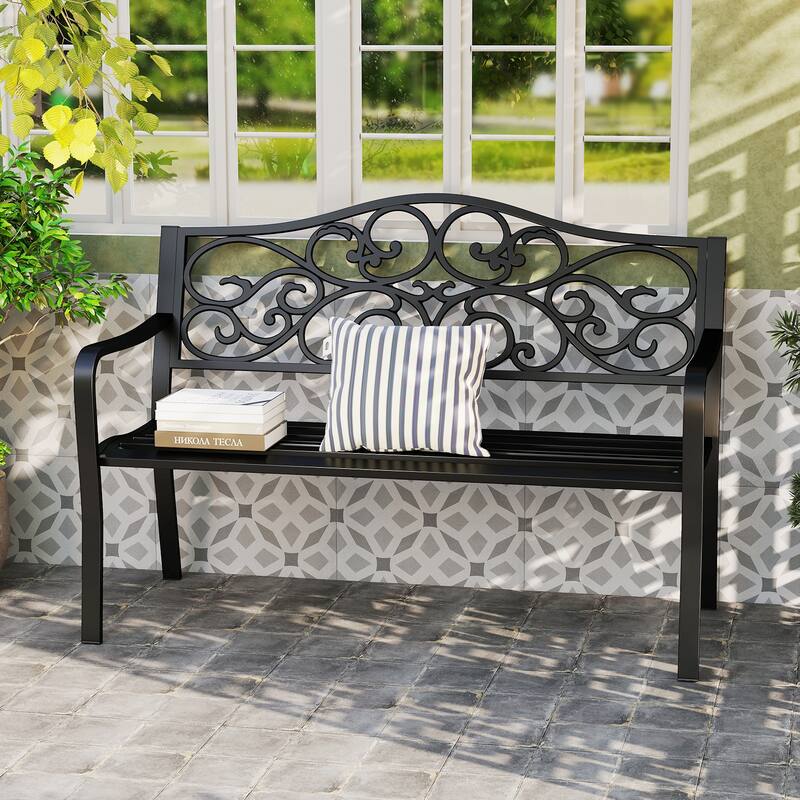 Gymax 2-person Metal Bench w/ Floral Pattern Slanted Backrest Slatted