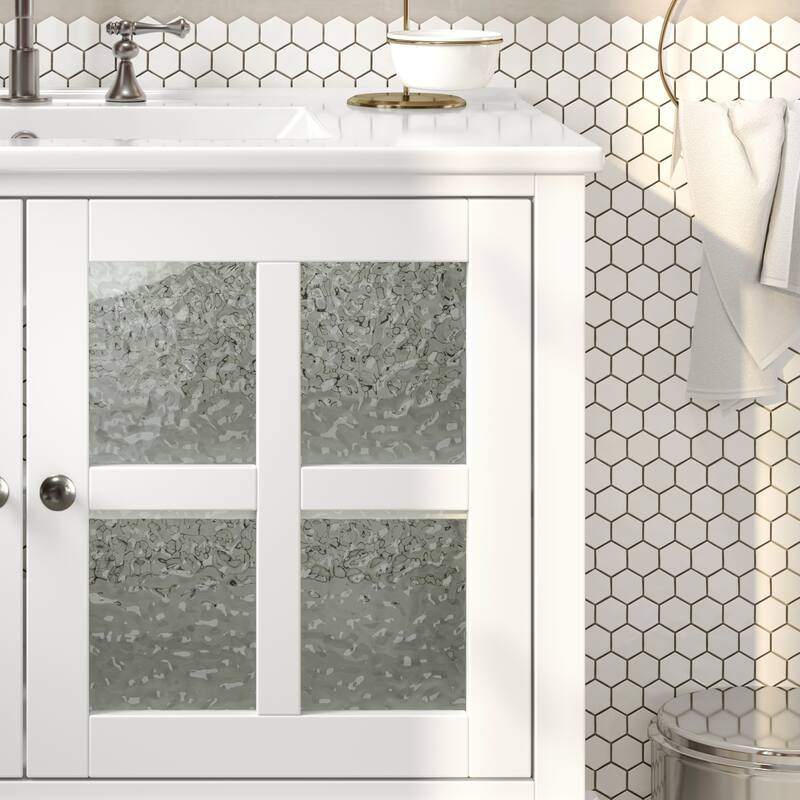 Roomfitters 36" Contemporary Bathroom Vanity with Ceramic Sink, Textured Glass Doors, Adjustable Shelf and Open Storage