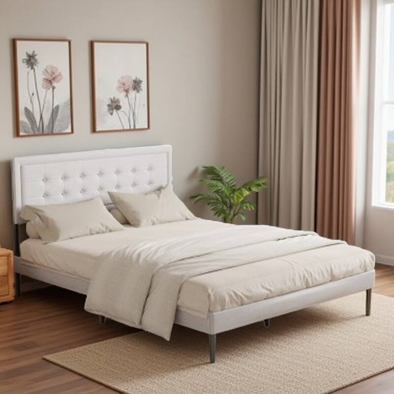 Queen Size Upholstered Platform Bed with Tufted Headboard, Wooden Slat Support, Soft Fabric Frame, Box Spring Required