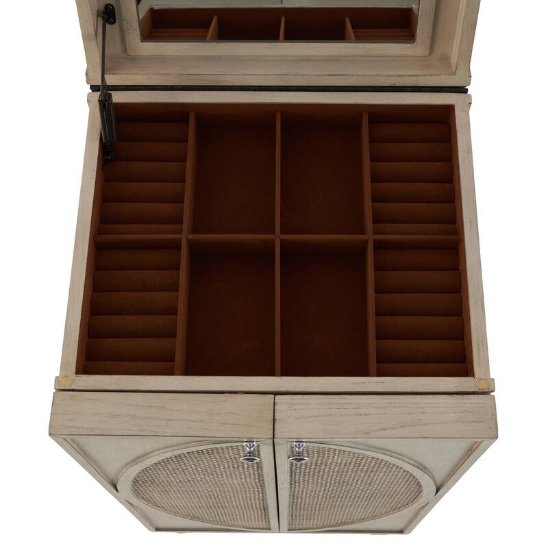 Wooden Geometric Oval Rattan Jewelry Cabinet with Mirrored Lift Top - Light Gray - Roche River Decor - 18"W x 20"L x 47"H