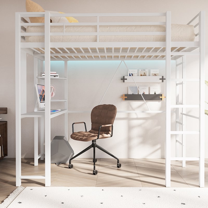 Futzca High Loft Bed Frame with Desk, Twin Size Bunk Bed - White