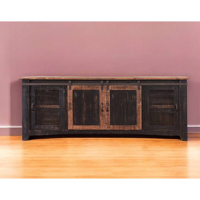 HomeRoots 79" Black Solid Wood Cabinet Enclosed Storage Distressed TV Stand - 78.75' X '34.75' X '19 - Black - 78.75' X '34.75' X '19