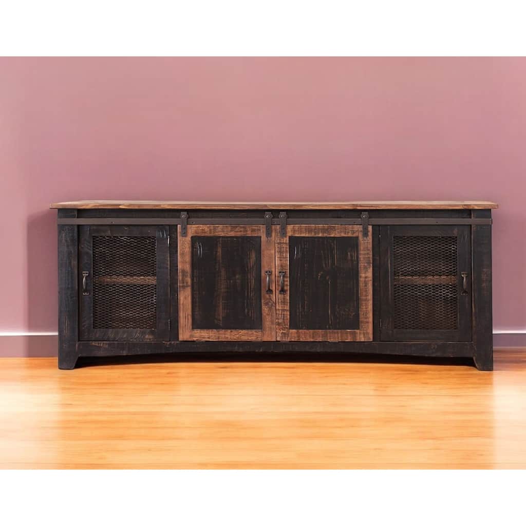 HomeRoots 79" Black Solid Wood Cabinet Enclosed Storage Distressed TV Stand - 78.75' X '34.75' X '19
