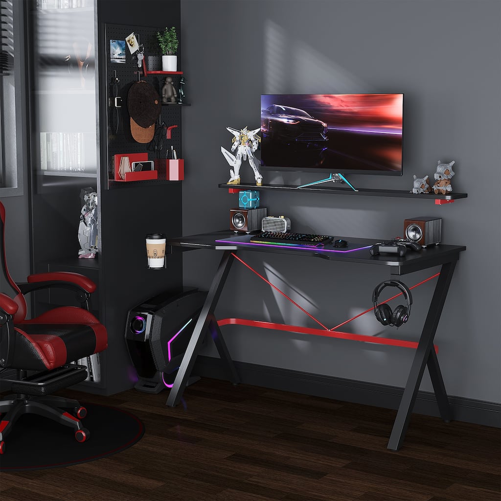 Sleek Gaming Desk with Double Layer Surface and Cup Holder and Cable Management for Ultimate Gaming Setup and Comfort
