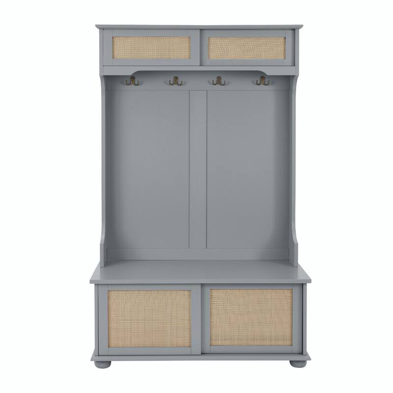 Casual Style Hall Tree Entryway Bench with Rattan Door Shelves and Shoe Cabinets