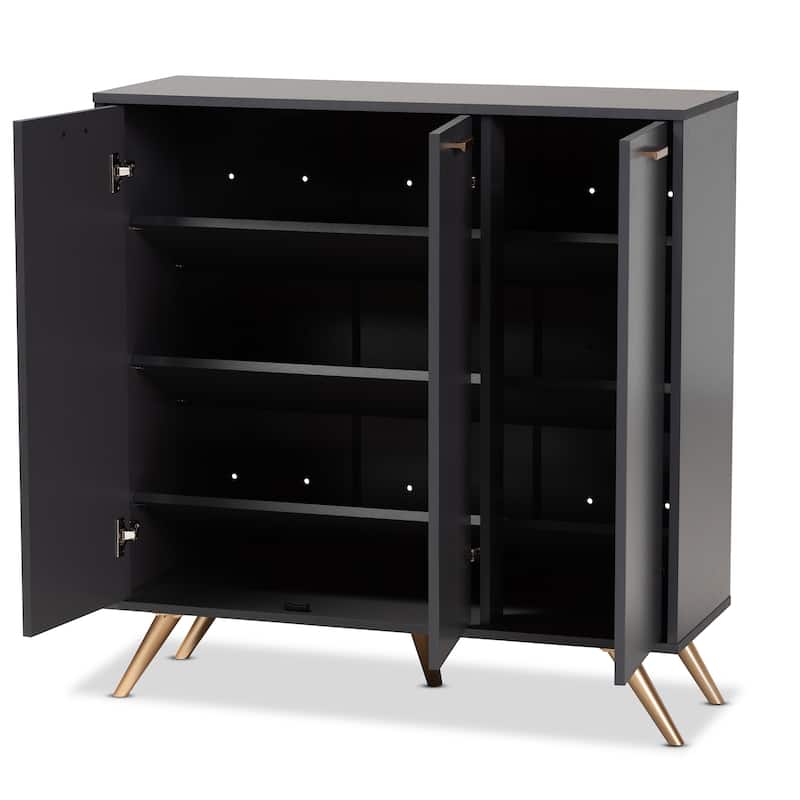 Kelson Modern Dark Grey and Gold Finished Wood 3-Door Shoe Cabinet