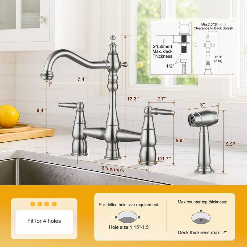WOWOW 4 Hole Double Handle Bridge Kitchen Faucet with Side Sprayer