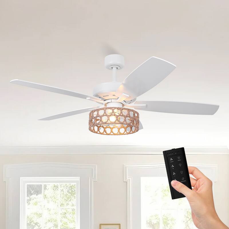 52" Bohemian White 5-Blade Natural Jute Ceiling Fan with Light Kit and Remote