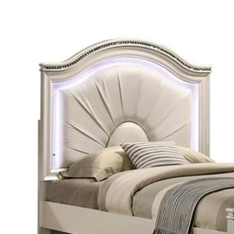 Jisoo Twin Size Bed, Pearl White Upholstery, Radial Arch Headboard