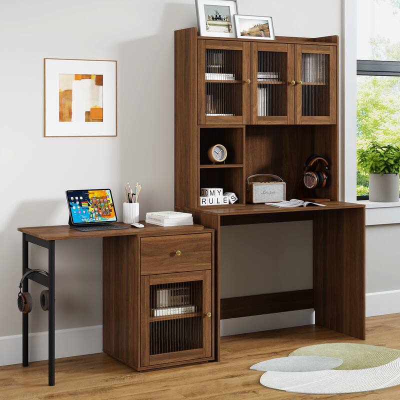 Roomfitters Computer Desk with Hutch and Rotating Table, Home Office Workstation with Glass Cabinet Doors - Walnut