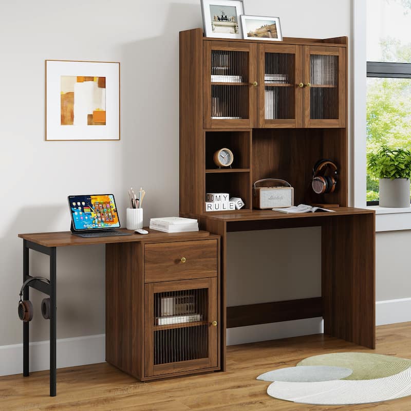 Rotating Computer Desk with Extendable Desktop, Modern Study Writing Desk with Glass Doors, Hutch & Bookshelf for Home Office