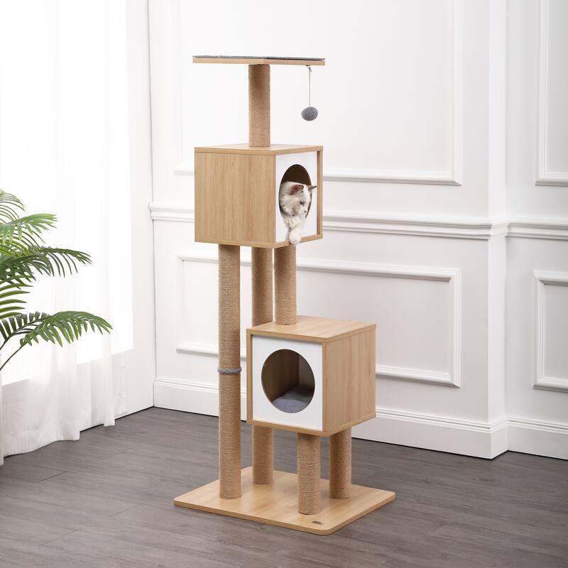 Sawyer 56" 3-Tier Minimalist Jute Cat Tree Condo with Scratching posts, and Fuzzy Toy, Brown/White - Brown/White