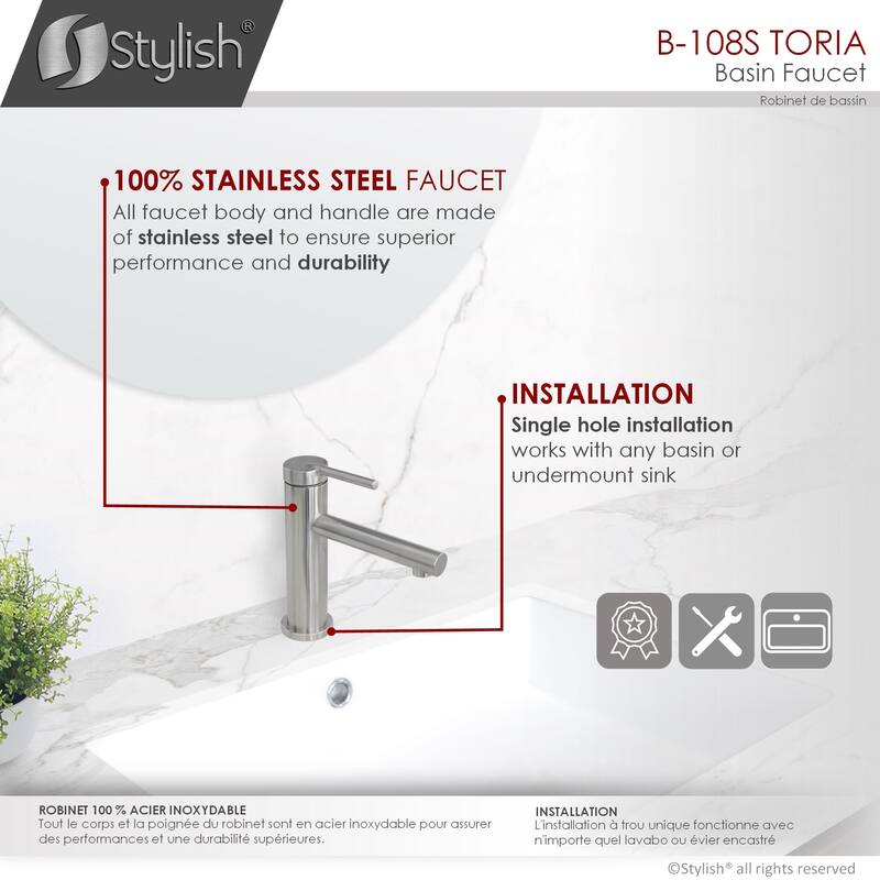 STYLISH Single Handle Modern Bathroom Basin Sink Faucet in Stainless Steel - Faucet Height: 6 3/8" Spout Height: 3 7/8"