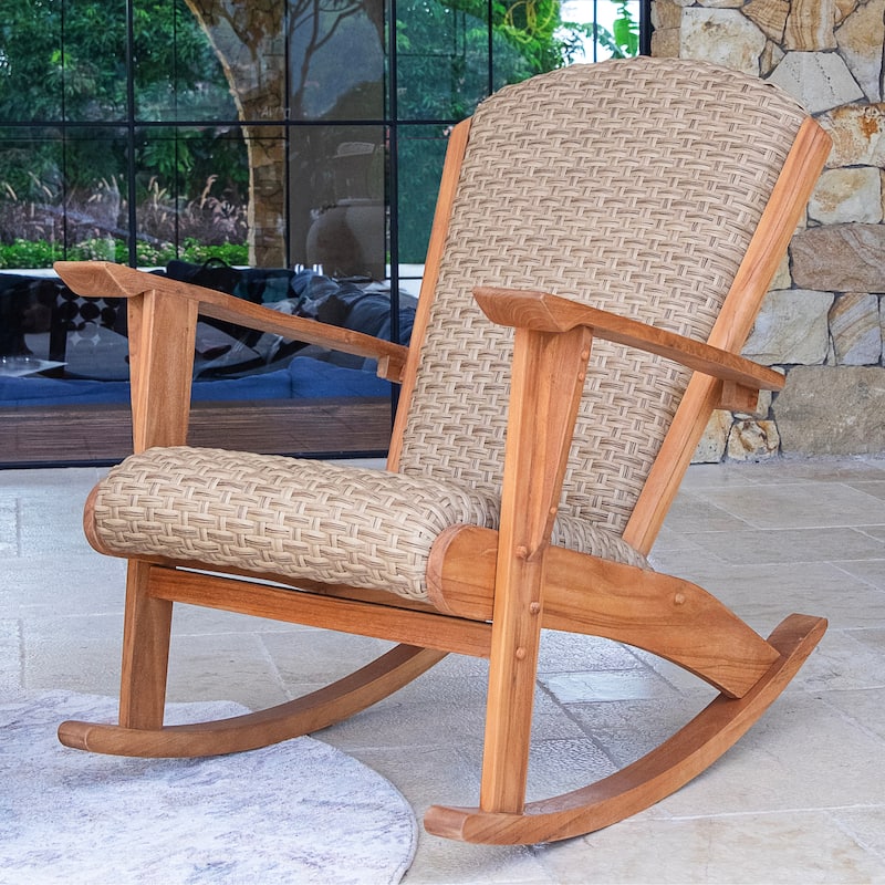 Cambridge Casual Camden Teak Outdoor Rocking Chair with Padded Woven Seat - Natural Teak/Beige Wicker