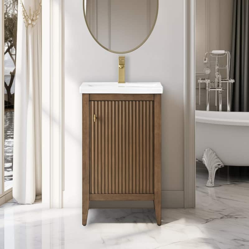 Vanity Art 20" Single Sink Bathroom Vanity Cabinet with Ceramic Top - 20"/Golden Brushed Handle - Linear Walnut